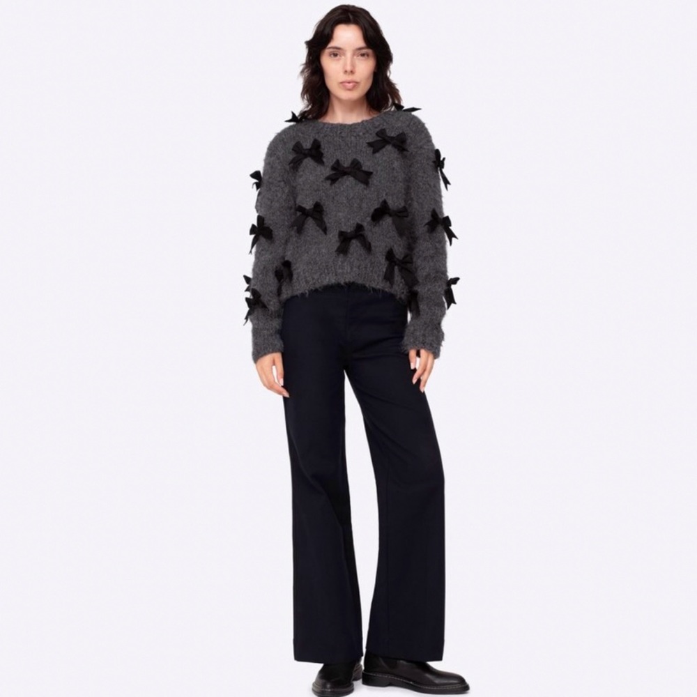 SEA New York pippy gray black ribbon bow chunky knit wool sweater - Picture 4 of 10